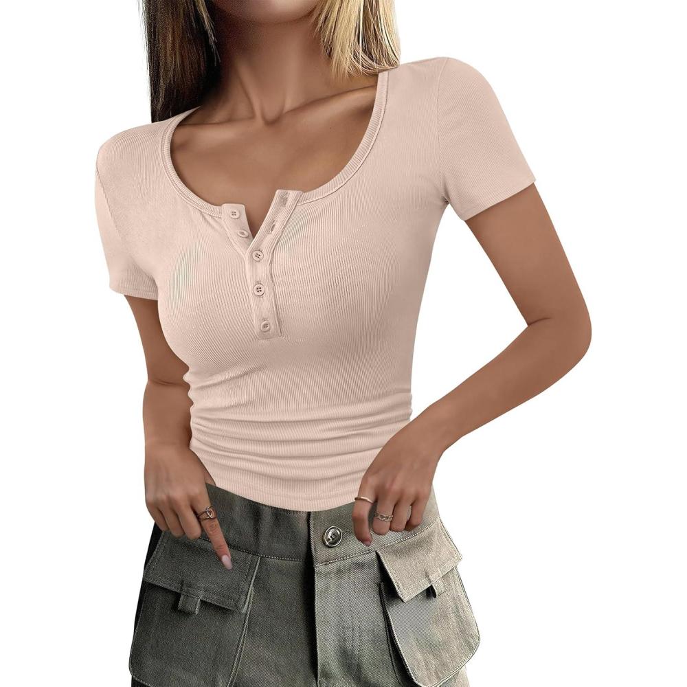 imageANRABESS Womens 2025 Summer Short Sleeve Tops Ribbed Knit Henley Button Up Slim Fit Basic Casual T Shirts Blouse Fall OutfitsBeige