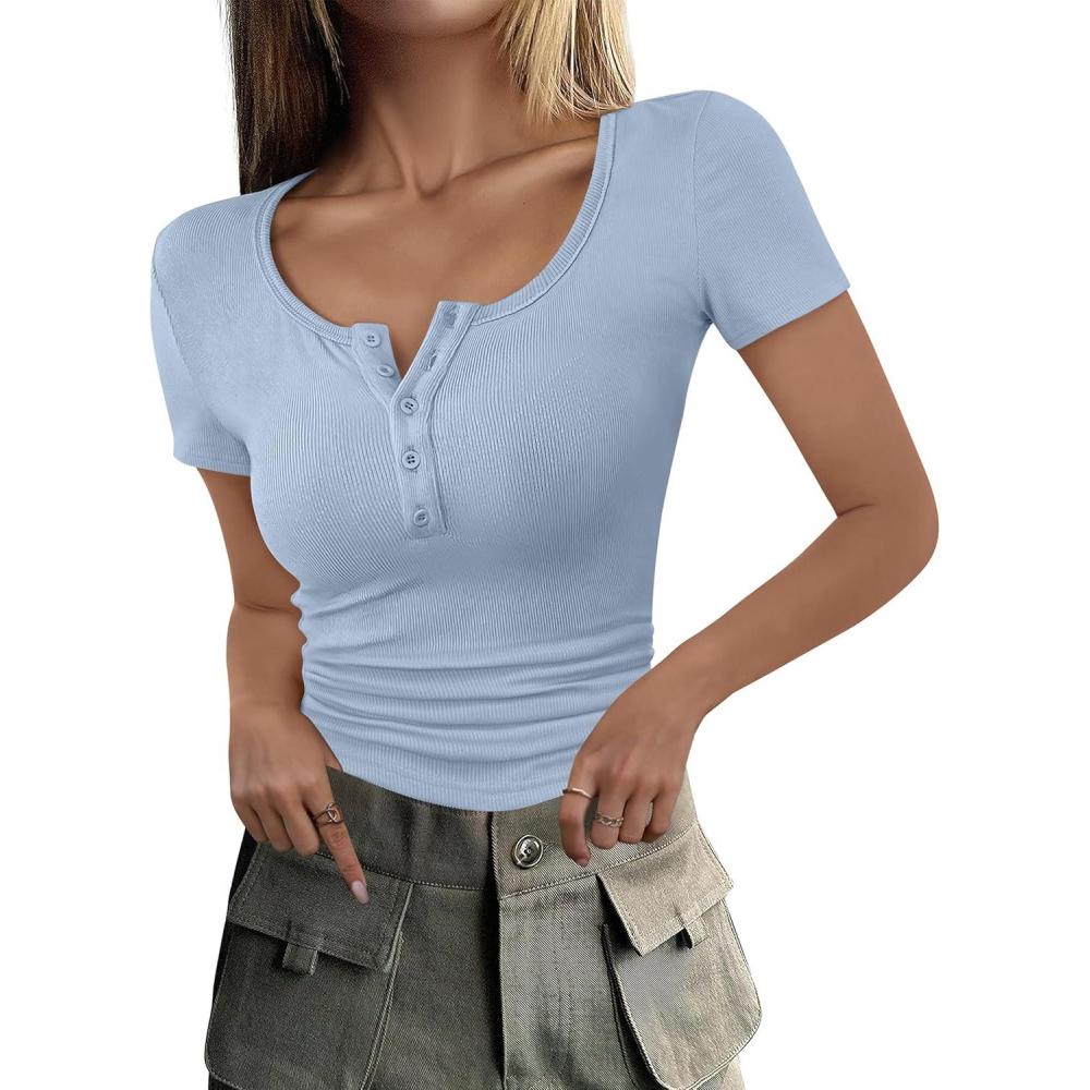 imageANRABESS Womens 2025 Summer Short Sleeve Tops Ribbed Knit Henley Button Up Slim Fit Basic Casual T Shirts Blouse Fall OutfitsBlue