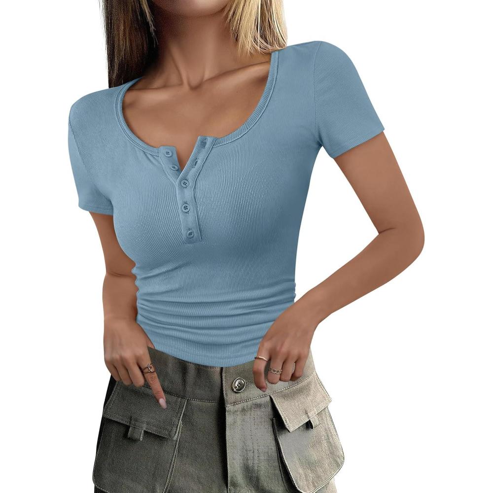 imageANRABESS Womens 2025 Summer Short Sleeve Tops Ribbed Knit Henley Button Up Slim Fit Basic Casual T Shirts Blouse Fall OutfitsDeep Blue