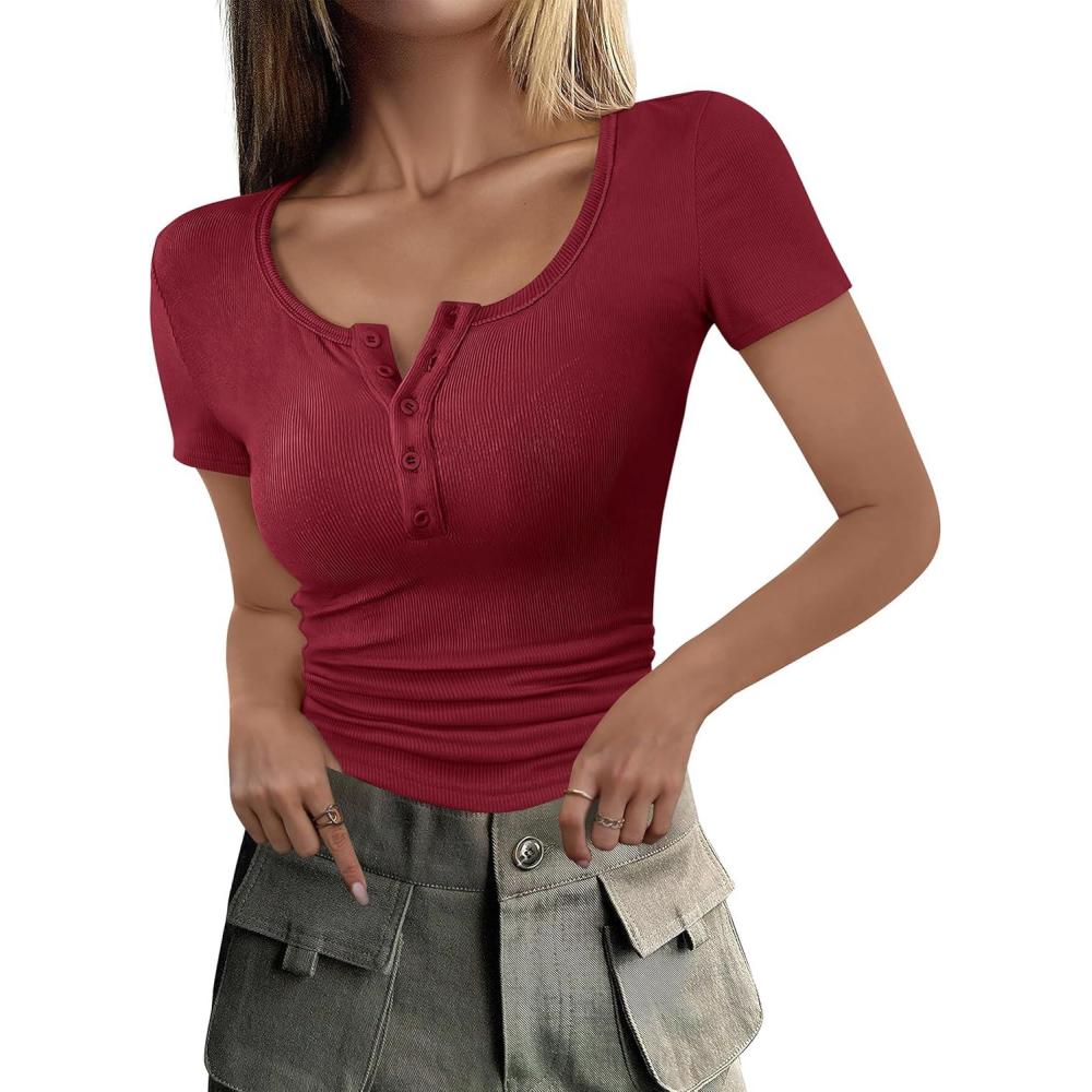 imageANRABESS Womens 2025 Summer Short Sleeve Tops Ribbed Knit Henley Button Up Slim Fit Basic Casual T Shirts Blouse Fall OutfitsDeep Red