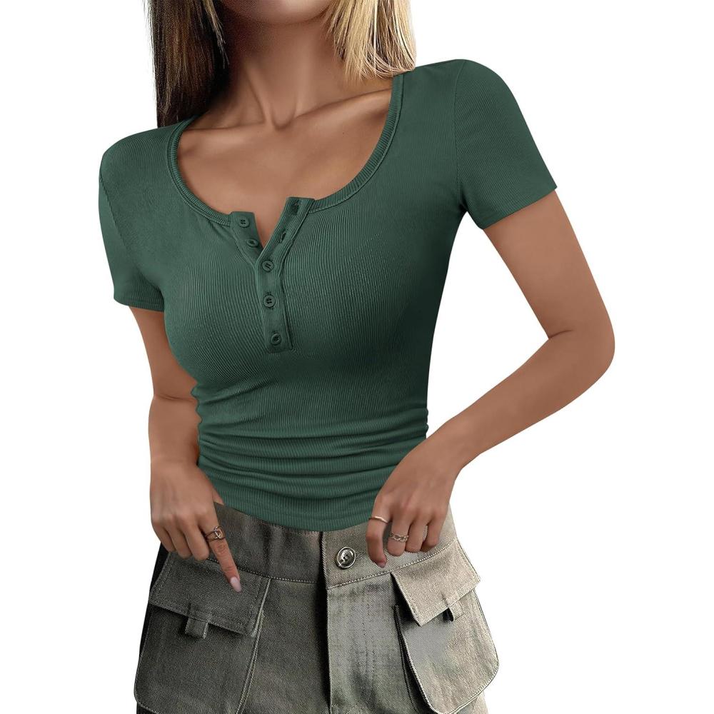 imageANRABESS Womens 2025 Summer Short Sleeve Tops Ribbed Knit Henley Button Up Slim Fit Basic Casual T Shirts Blouse Fall OutfitsForest Green