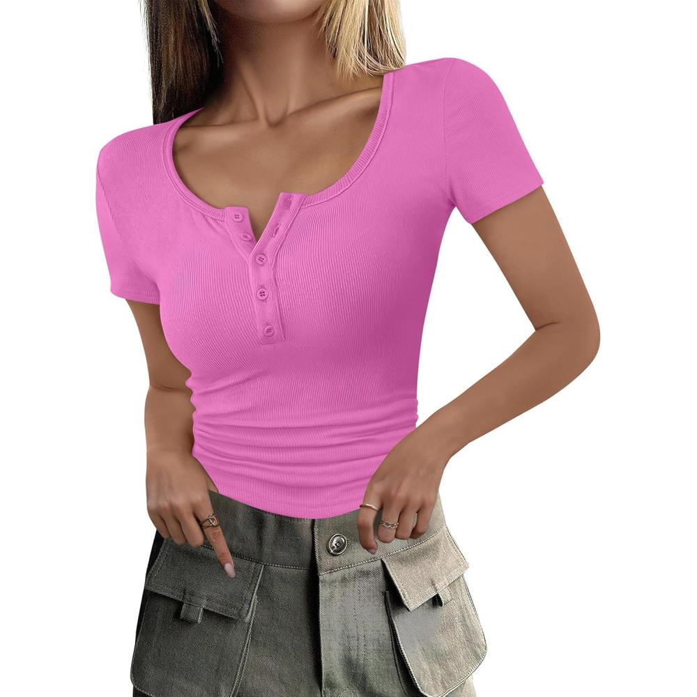 imageANRABESS Womens 2025 Summer Short Sleeve Tops Ribbed Knit Henley Button Up Slim Fit Basic Casual T Shirts Blouse Fall OutfitsHot Pink