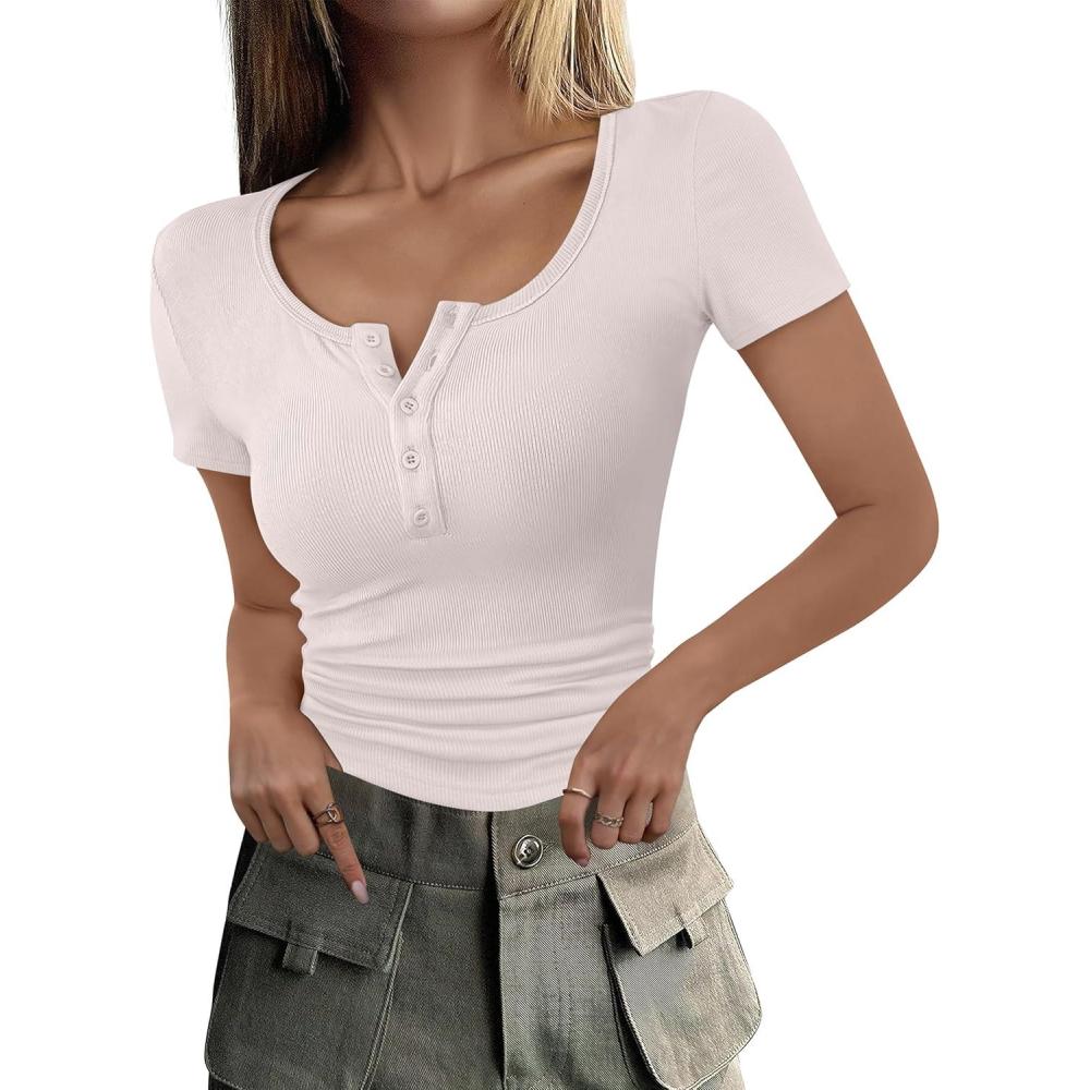 imageANRABESS Womens 2025 Summer Short Sleeve Tops Ribbed Knit Henley Button Up Slim Fit Basic Casual T Shirts Blouse Fall OutfitsLight Beige