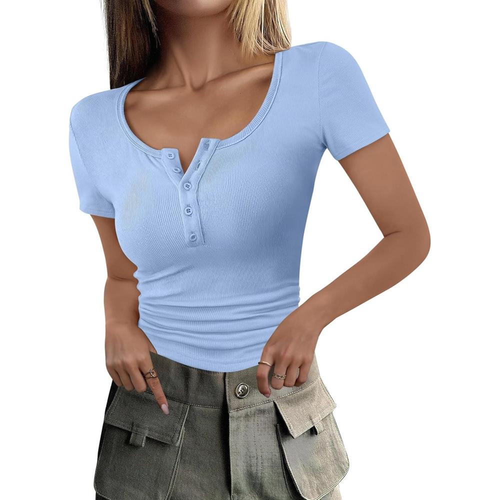 imageANRABESS Womens 2025 Summer Short Sleeve Tops Ribbed Knit Henley Button Up Slim Fit Basic Casual T Shirts Blouse Fall OutfitsLight Blue