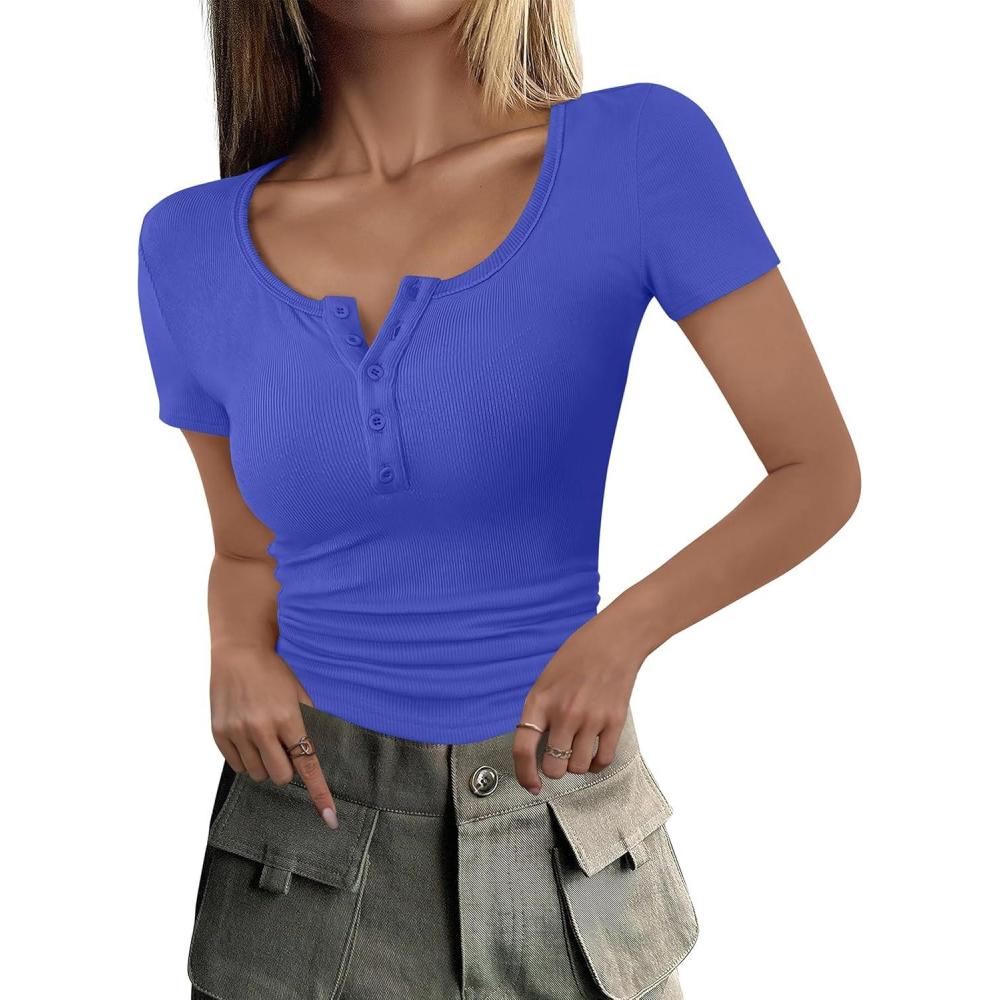 imageANRABESS Womens 2025 Summer Short Sleeve Tops Ribbed Knit Henley Button Up Slim Fit Basic Casual T Shirts Blouse Fall OutfitsRoyal Blue
