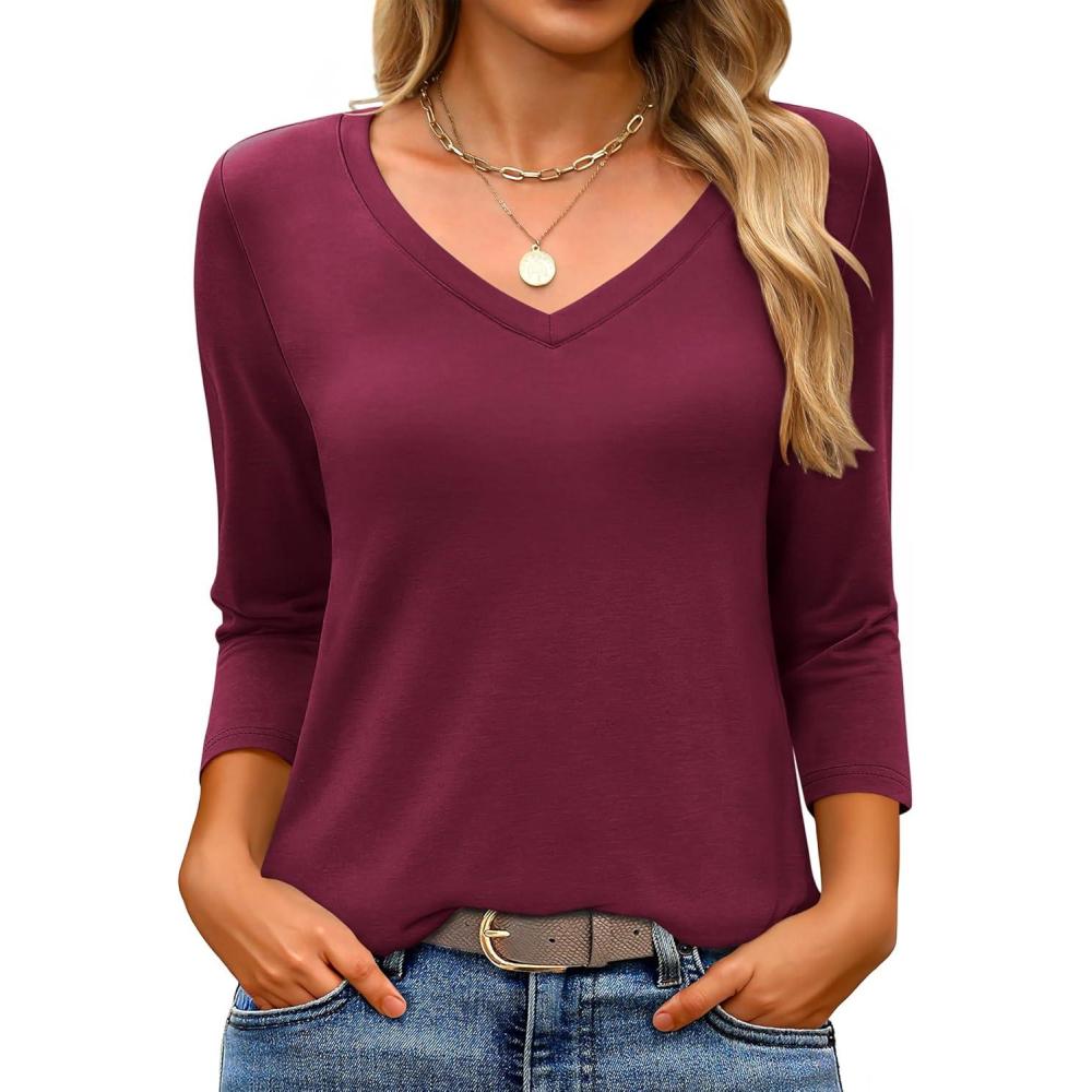 imageANRABESS Womens 34 Length Sleeve Top V Neck Summer TShirts Basic Tee 2025 Fall Casual Loose Fit Tunic Shirts Work BlouseBurgundy