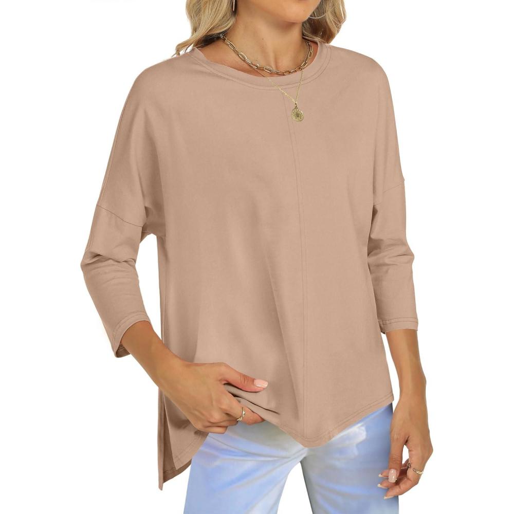imageANRABESS Womens 34 Length Sleeve Tops Loose Fit Tunic Shirts Oversized Spring Summer Casual Crew Neck Basic Boxy TeeLight Khaki