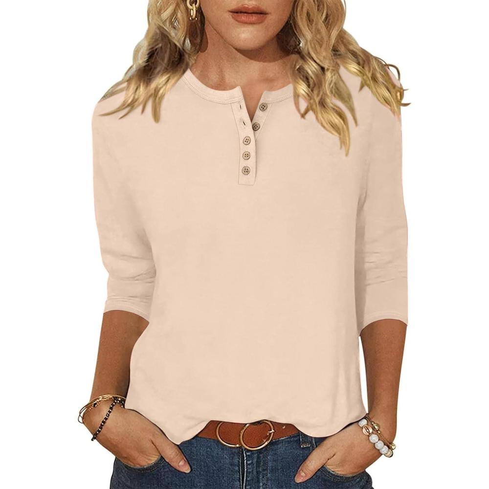 imageANRABESS Womens 34 Sleeve Tops Henley Shirts Casual Trendy Button T Shirts 2025 Summer Basic TunicApricot