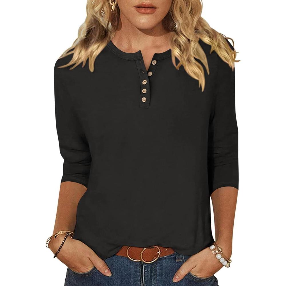 imageANRABESS Womens 34 Sleeve Tops Henley Shirts Casual Trendy Button T Shirts 2025 Summer Basic TunicBlack