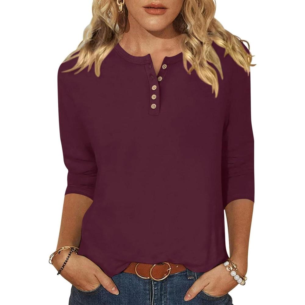 imageANRABESS Womens 34 Sleeve Tops Henley Shirts Casual Trendy Button T Shirts 2025 Summer Basic TunicBurgundy