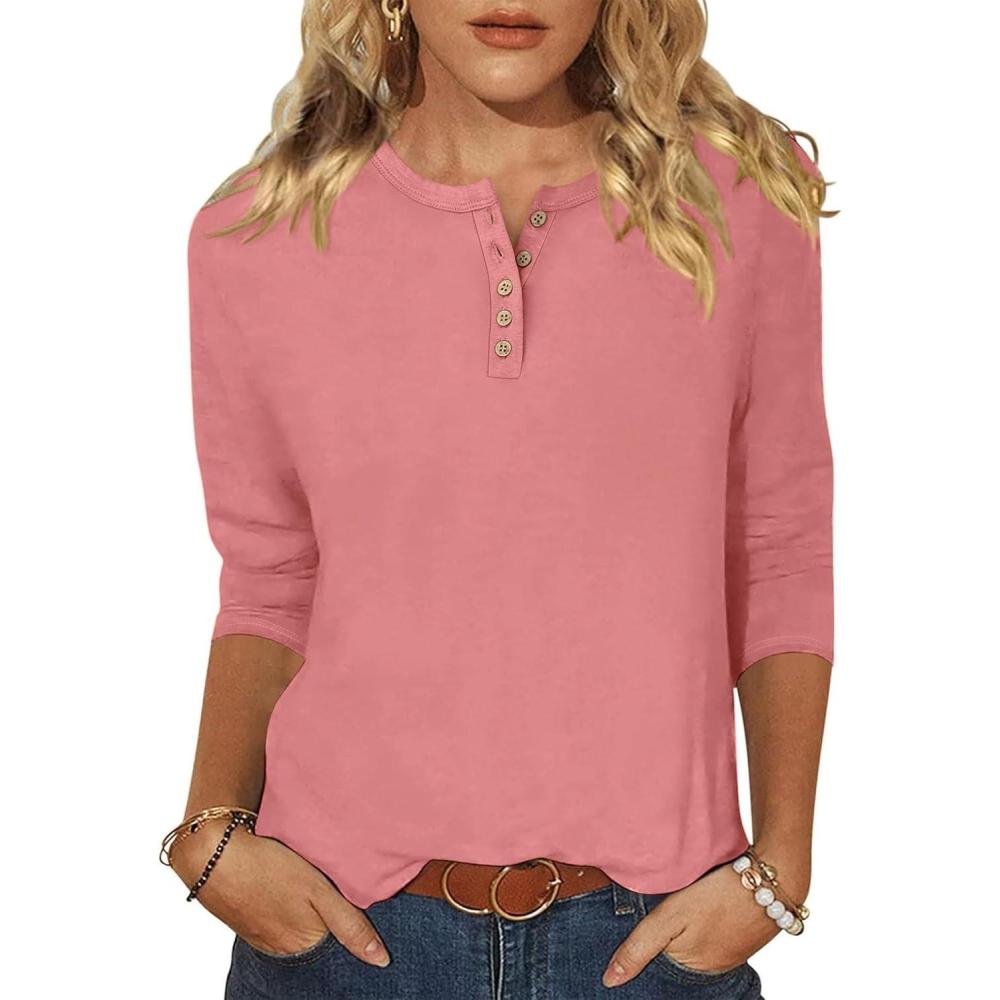 imageANRABESS Womens 34 Sleeve Tops Henley Shirts Casual Trendy Button T Shirts 2025 Summer Basic TunicCoral Pink