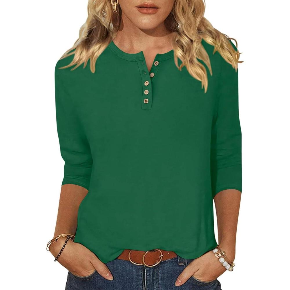 imageANRABESS Womens 34 Sleeve Tops Henley Shirts Casual Trendy Button T Shirts 2025 Summer Basic TunicGreen