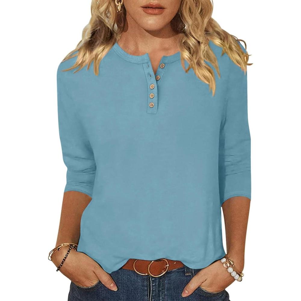 imageANRABESS Womens 34 Sleeve Tops Henley Shirts Casual Trendy Button T Shirts 2025 Summer Basic TunicLake Blue
