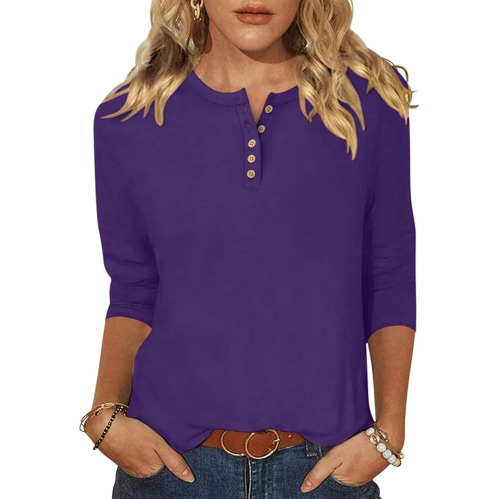 imageANRABESS Womens 34 Sleeve Tops Henley Shirts Casual Trendy Button T Shirts 2025 Summer Basic TunicPurple