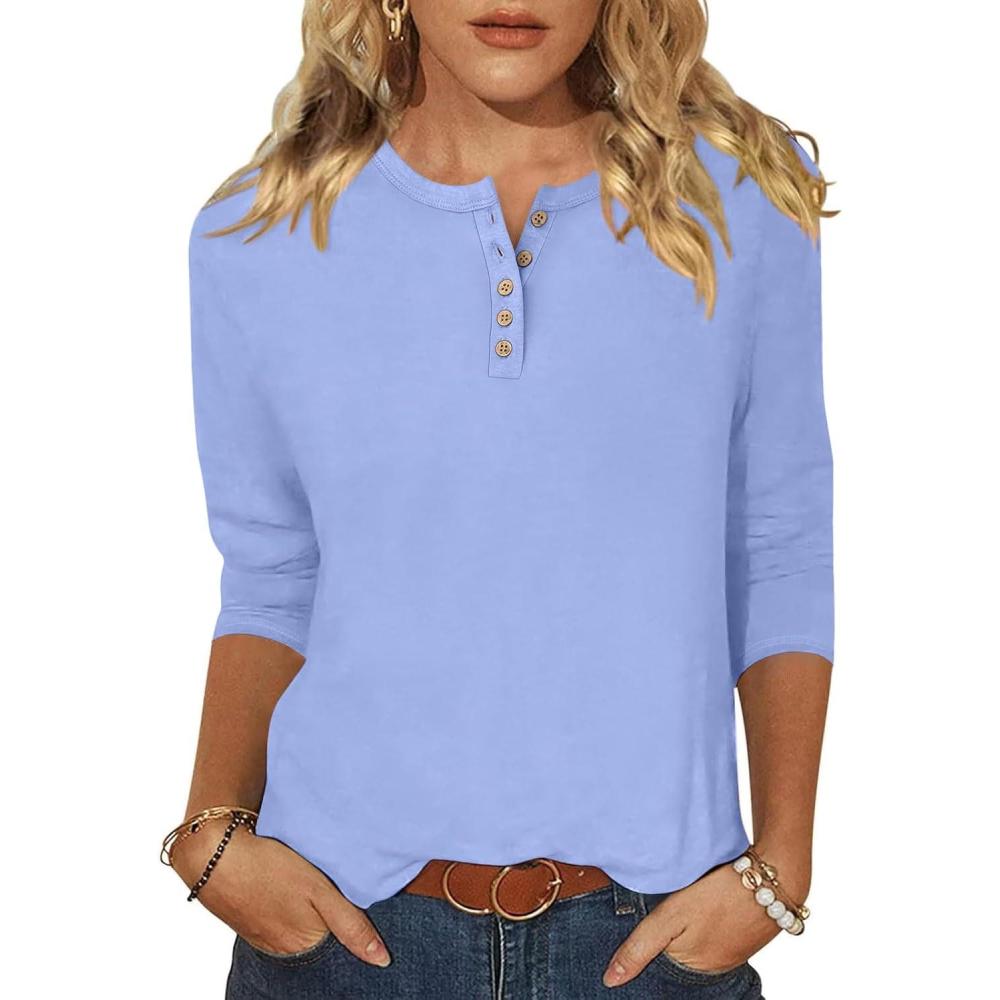 imageANRABESS Womens 34 Sleeve Tops Henley Shirts Casual Trendy Button T Shirts 2025 Summer Basic TunicSky Blue