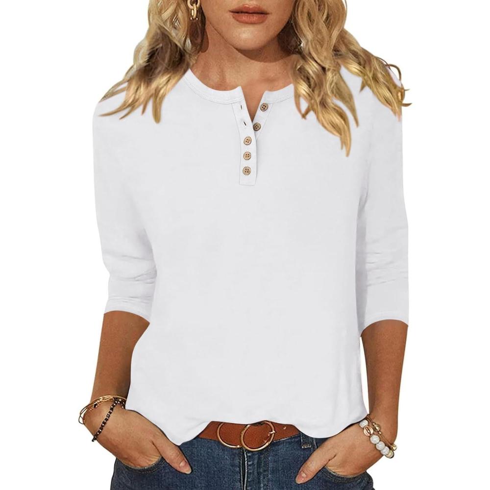 imageANRABESS Womens 34 Sleeve Tops Henley Shirts Casual Trendy Button T Shirts 2025 Summer Basic TunicWhite