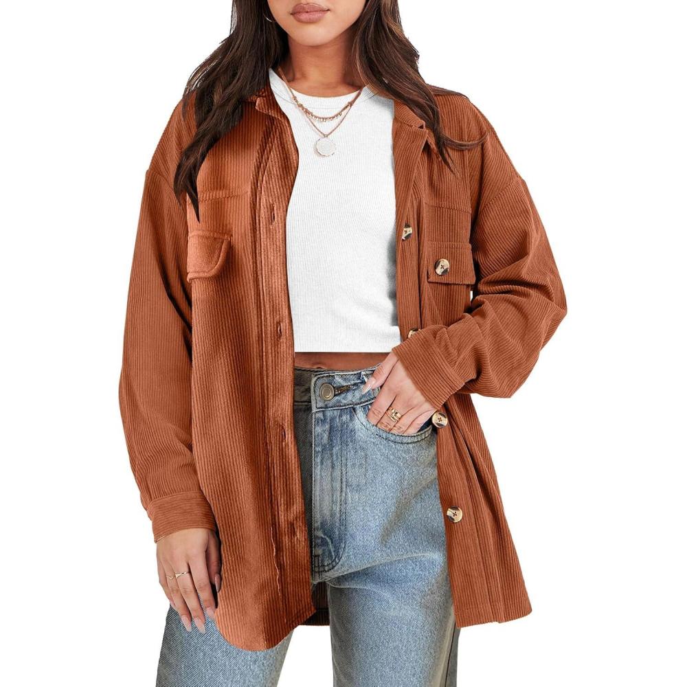 imageANRABESS Womens Corduroy Shacket Button Down Shirts Oversized Long Sleeve Casual Cardigan Jacket 2025 Fall Fashion ClothesCaramel