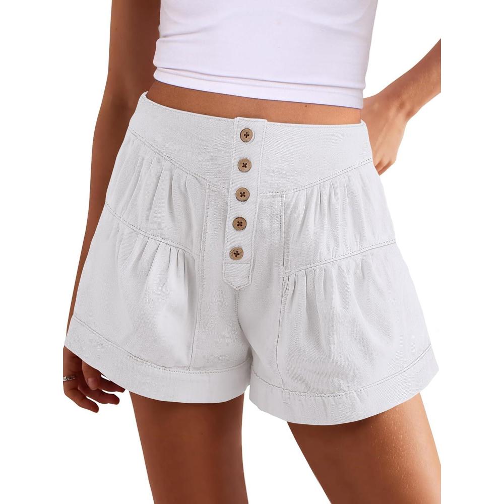 imageANRABESS Womens Denim Shorts Summer Baggy High Waisted Flowy Wide Leg Buttons Pleated Casual Jean Shorts 2025 Fashion SkortsWhite
