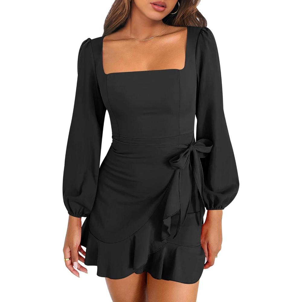 imageANRABESS Womens Dress Long Sleeve Square Neck Tie Waist Ruffle Hem Short Cocktail Wedding Guest Fall Party Club Mini DressesBlack