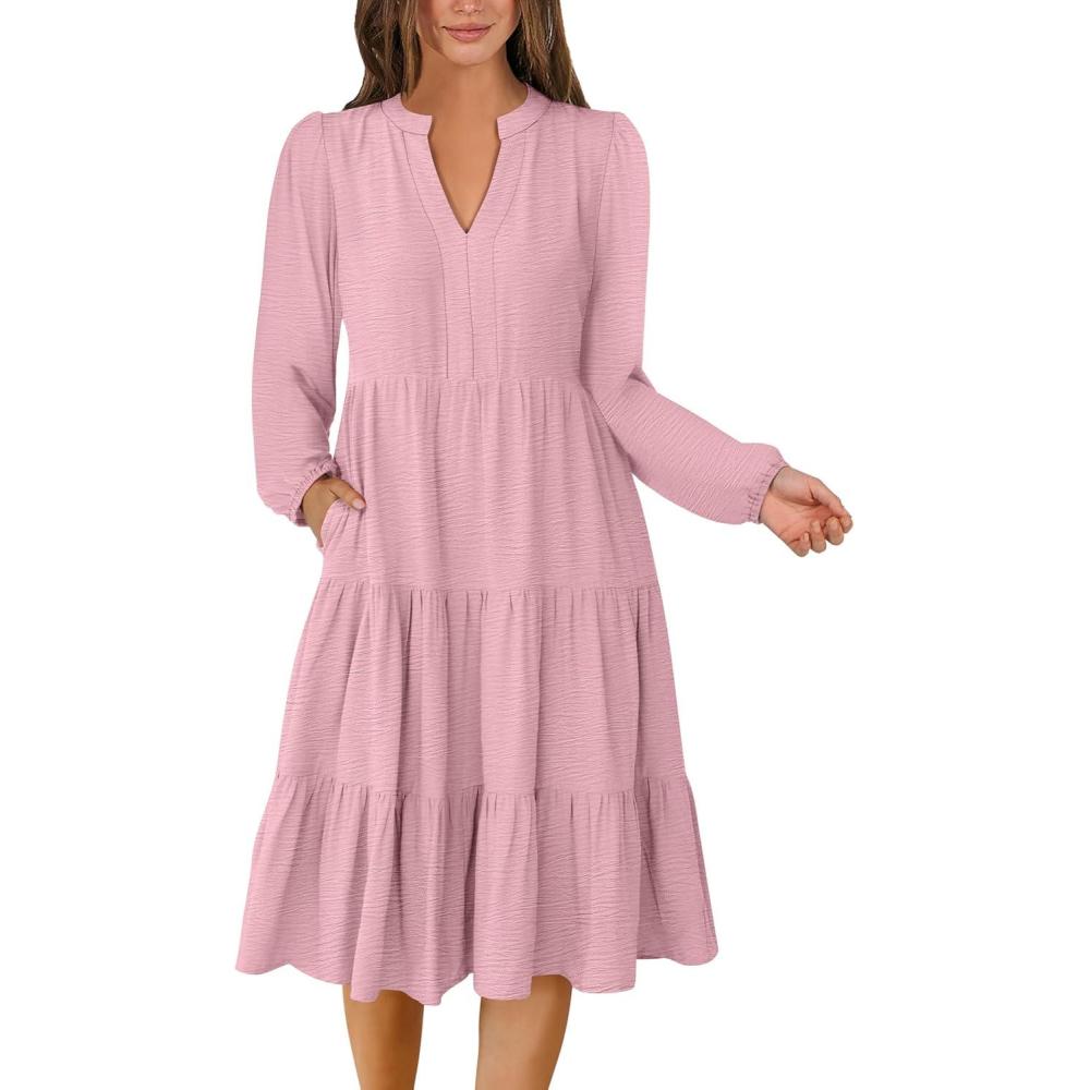 imageANRABESS Womens Fall Midi Dresses Long Sleeve V Neck Swing Tiered Work Business Casual 2025 Flowy Beach Vacation DressBright Pink