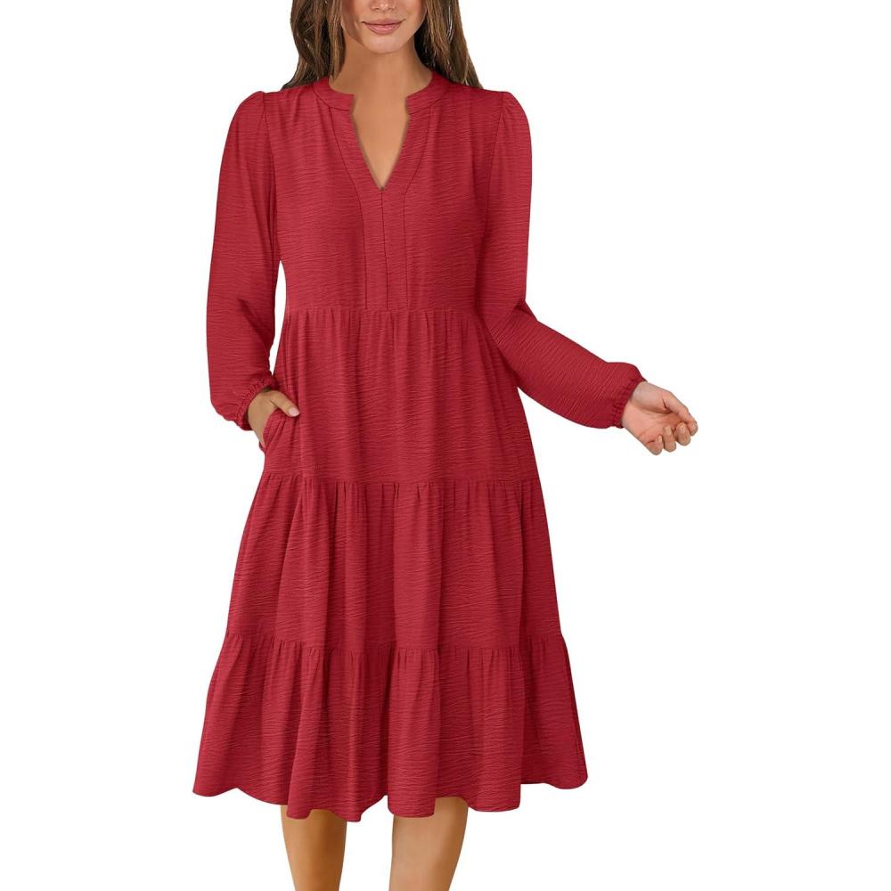 imageANRABESS Womens Fall Midi Dresses Long Sleeve V Neck Swing Tiered Work Business Casual 2025 Flowy Beach Vacation DressRed