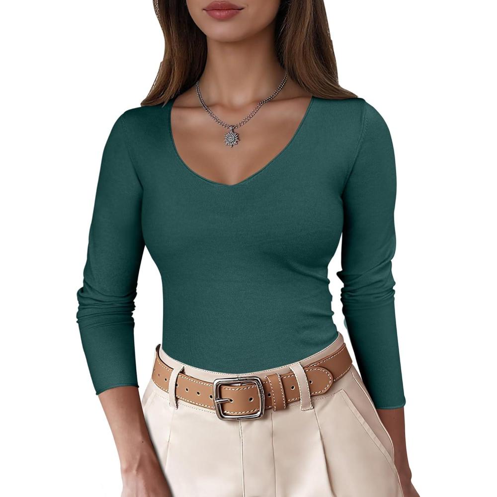 imageANRABESS Womens Fitted Sweaters 2025 Fall Long Sleeve V Neck Basic Tops Lightweight Knitted Slim Dressy Casual Work ShirtsDark Green