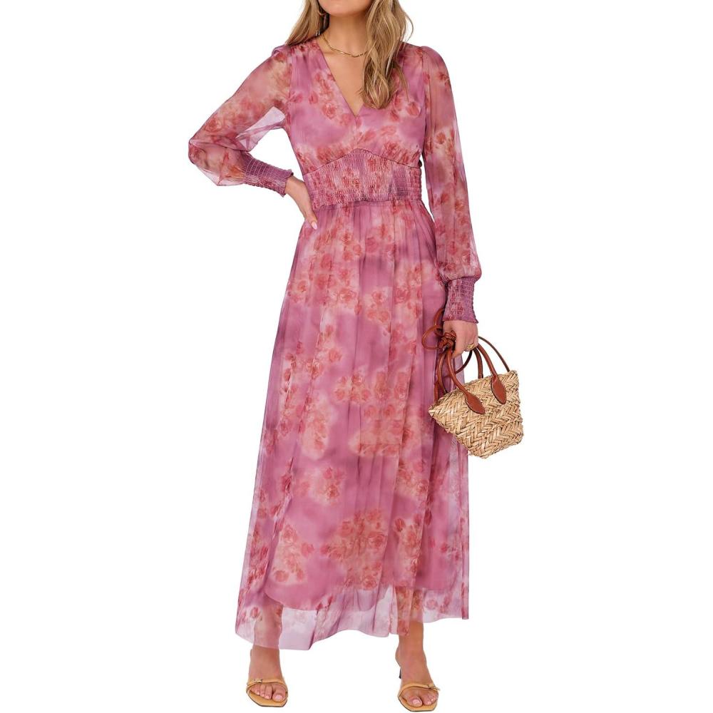 imageANRABESS Womens Floral Maxi Dress 2025 Fall V Neck Puff Long Sleeve Flowy Casual Wedding Guest Tee Party Tulle DressesDusty Orchid Floral
