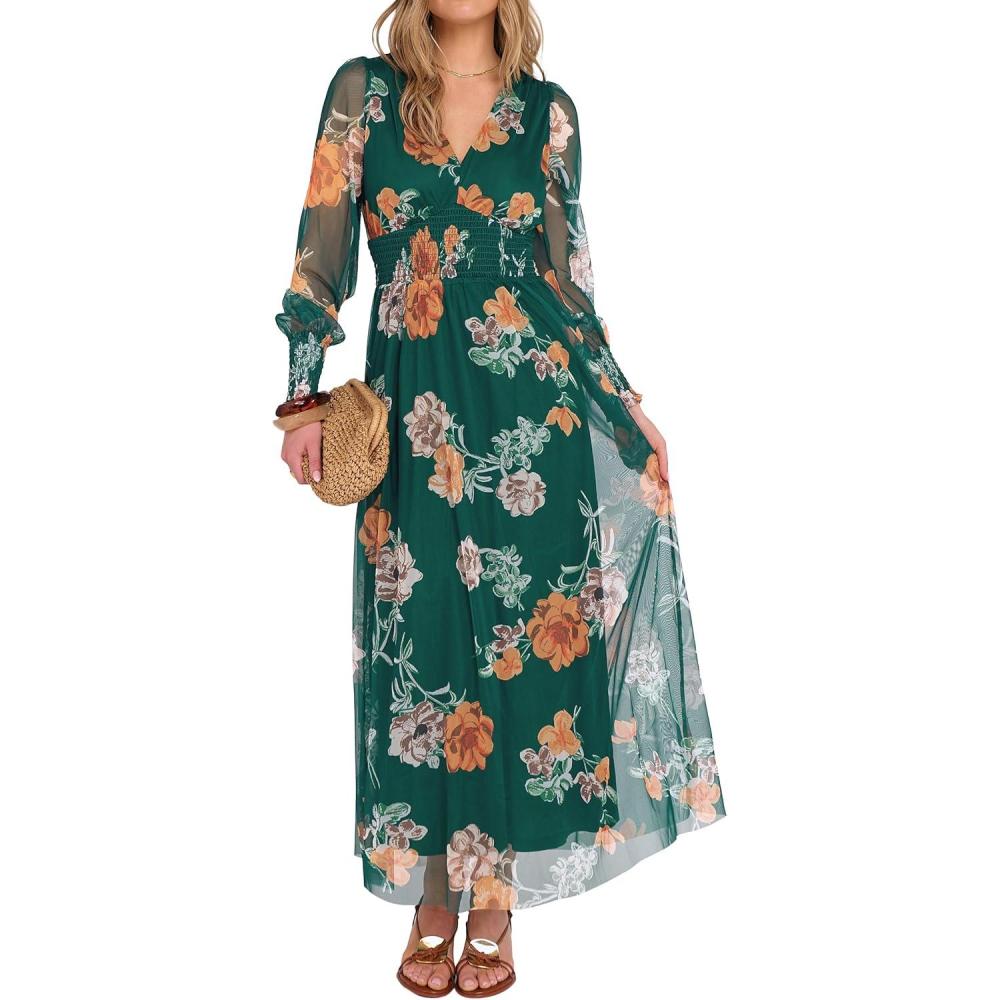 imageANRABESS Womens Floral Maxi Dress 2025 Fall V Neck Puff Long Sleeve Flowy Casual Wedding Guest Tee Party Tulle DressesEmerald Green Floral