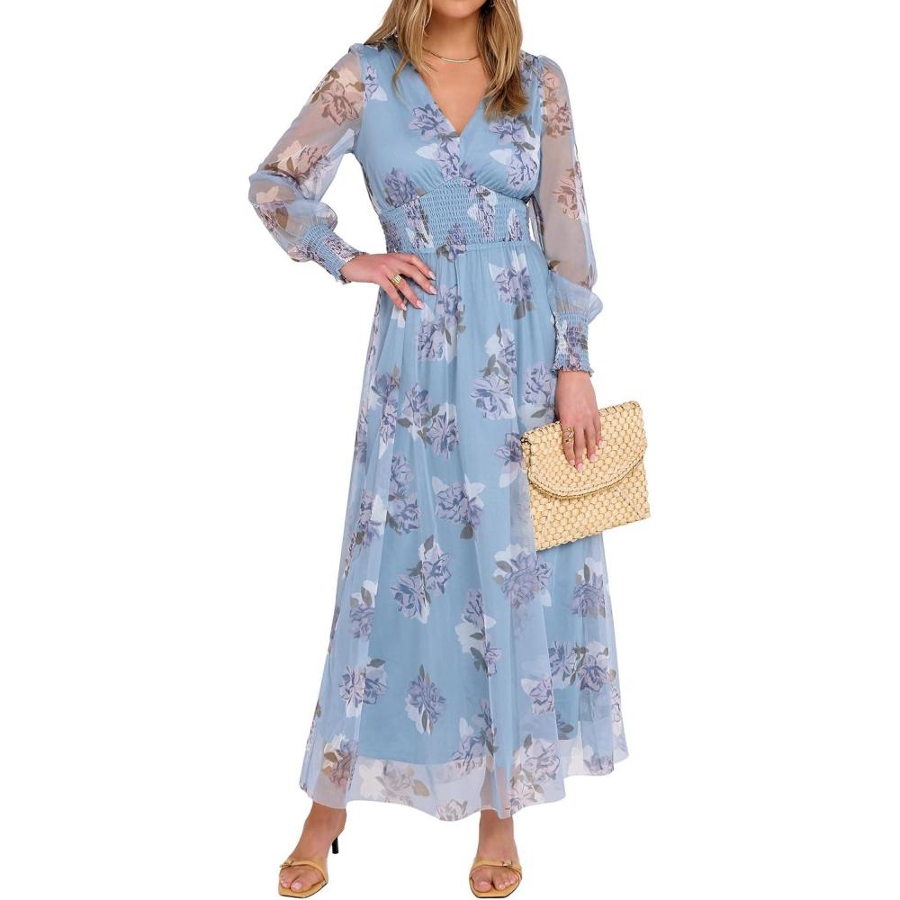 imageANRABESS Womens Floral Maxi Dress 2025 Fall V Neck Puff Long Sleeve Flowy Casual Wedding Guest Tee Party Tulle DressesLight Blue Floral