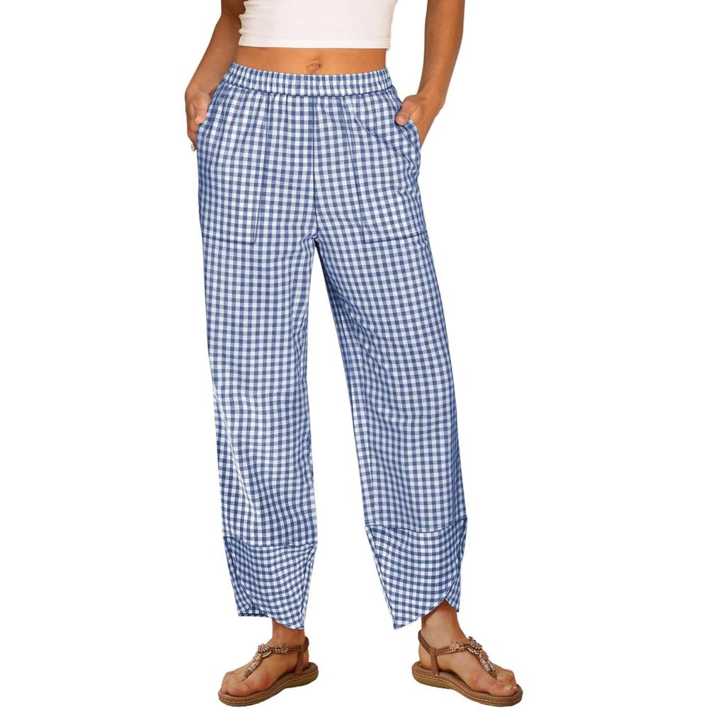 imageANRABESS Womens Gingham Striped Palazzo Pants Wide Leg Pajama Lounge Crop Pants Plaid PJ Bottoms Cute Trousers with PocketsBlue White Plaid