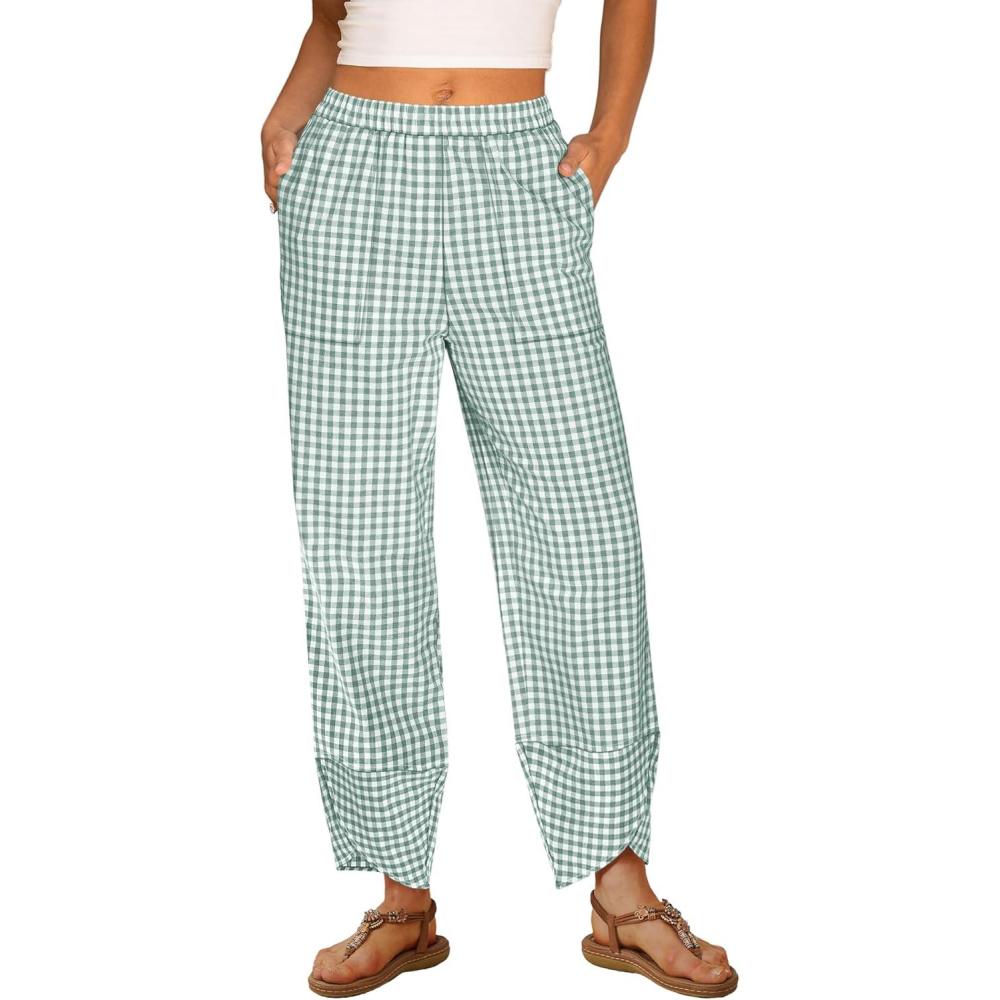 imageANRABESS Womens Gingham Striped Palazzo Pants Wide Leg Pajama Lounge Crop Pants Plaid PJ Bottoms Cute Trousers with PocketsGreen White Plaid