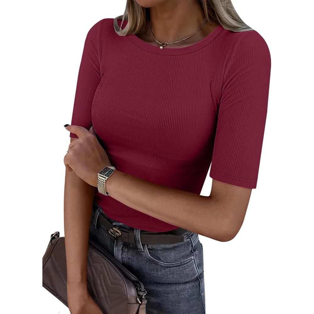 imageANRABESS Womens Half Sleeve Crewneck Tops Ribbed Knit Slim Fit Shirts Basic Tee 2025 Spring Summer Dressy Casual TShirtsWine Red