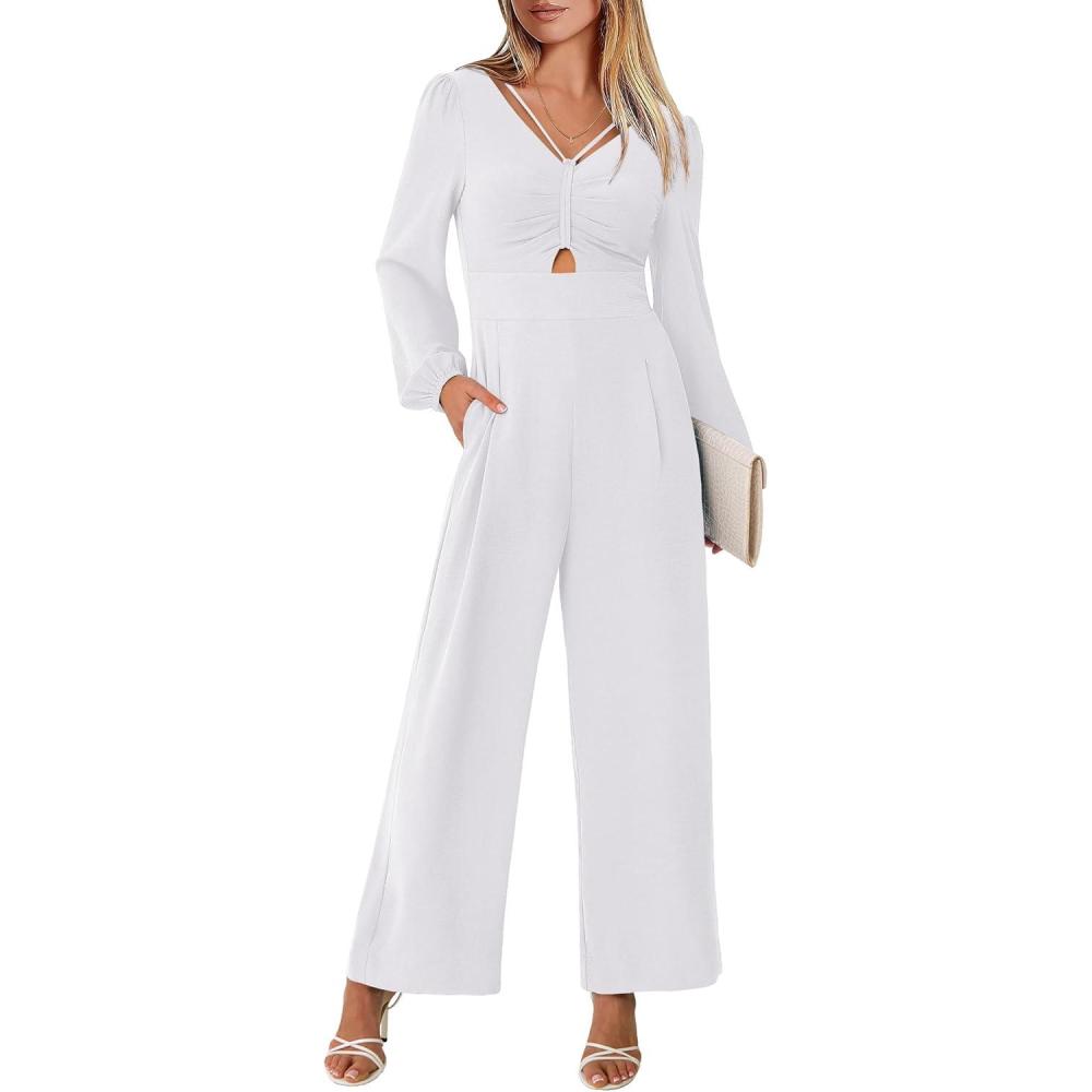 imageANRABESS Womens Jumpsuits Dressy Long Sleeve Wide Leg V Neck Pants Rompers 2025 Fall Formal One Piece Wedding Guest OutfitsWhite