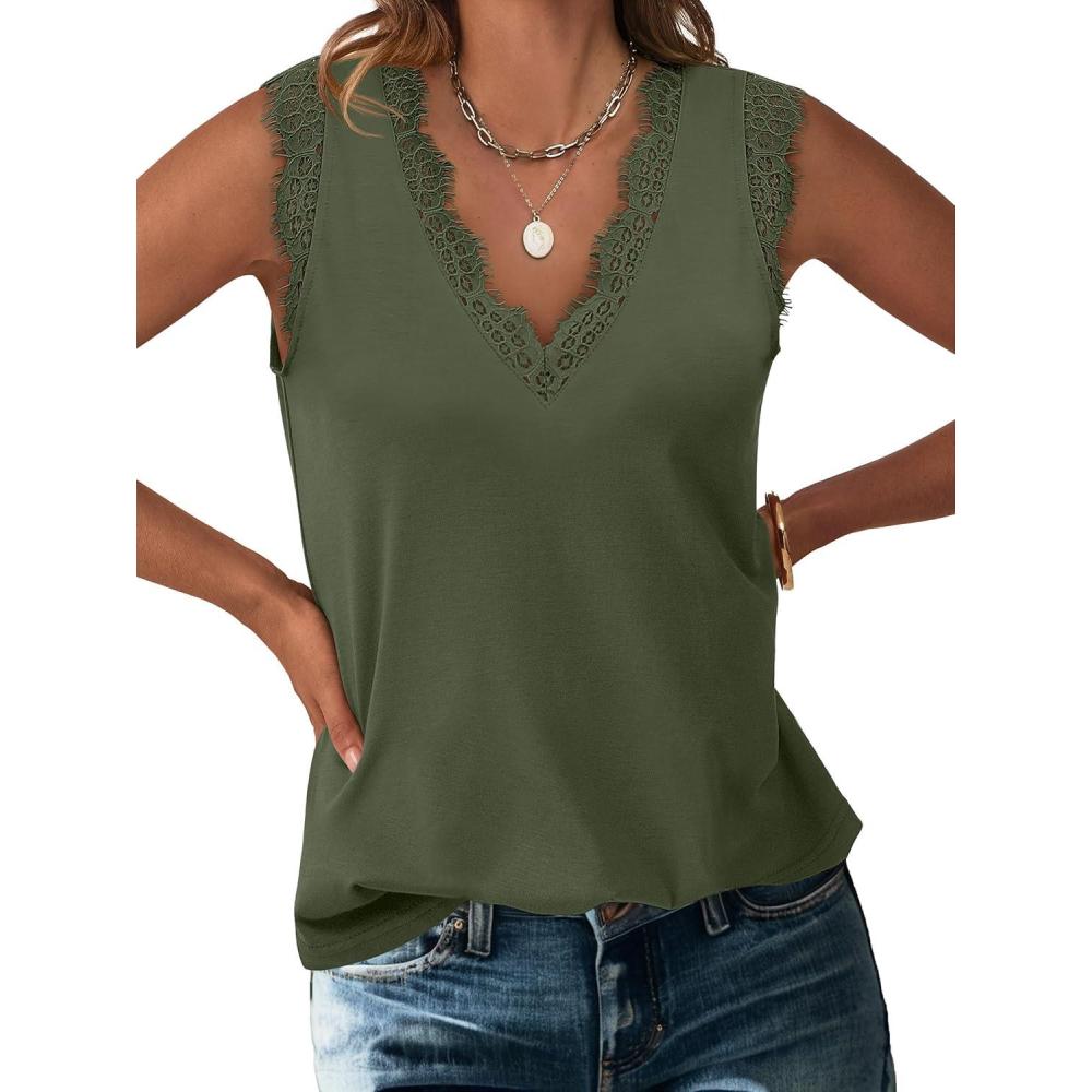 imageANRABESS Womens Lace Trim Tank Tops V Neck Sleeveless Shirts 2025 Summer Casual Trendy Dressy Cami TopArmy Green
