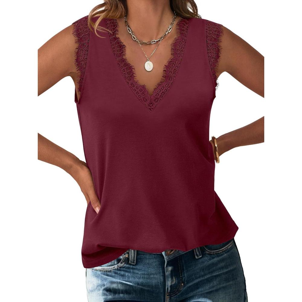imageANRABESS Womens Lace Trim Tank Tops V Neck Sleeveless Shirts 2025 Summer Casual Trendy Dressy Cami TopBurgundy