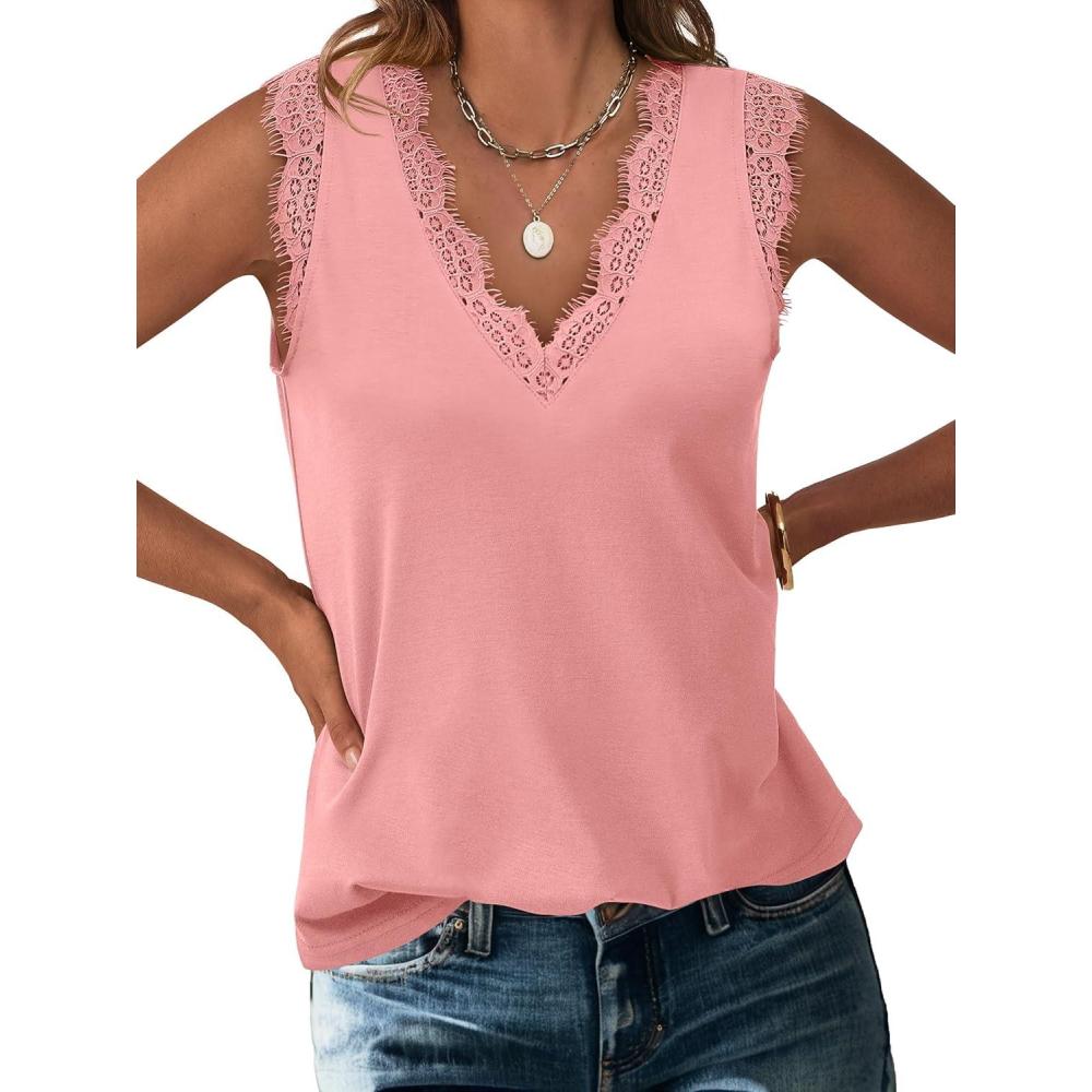 imageANRABESS Womens Lace Trim Tank Tops V Neck Sleeveless Shirts 2025 Summer Casual Trendy Dressy Cami TopCoral Pink