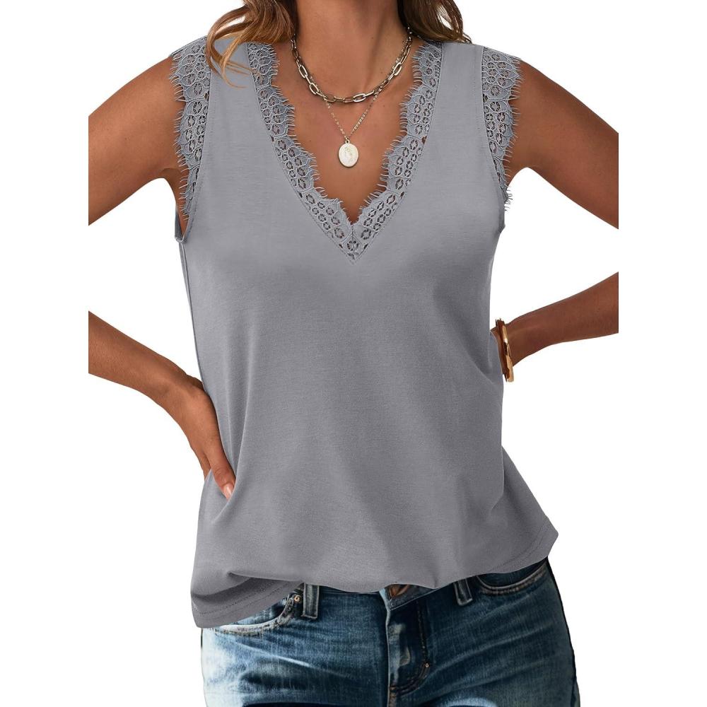 imageANRABESS Womens Lace Trim Tank Tops V Neck Sleeveless Shirts 2025 Summer Casual Trendy Dressy Cami TopGrey