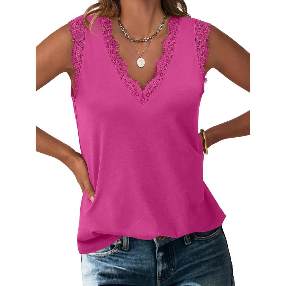 imageANRABESS Womens Lace Trim Tank Tops V Neck Sleeveless Shirts 2025 Summer Casual Trendy Dressy Cami TopHot Pink