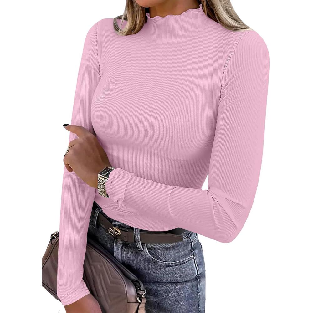 imageANRABESS Womens Lettuce Trim Mock Neck Long Sleeve Tops 2025 Casual Dressy Ribbed Knit Slim Fit Tee Shirt Fall Layer OutfitsBright Pink