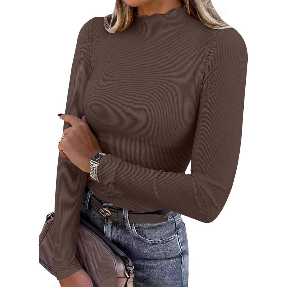 imageANRABESS Womens Lettuce Trim Mock Neck Long Sleeve Tops 2025 Casual Dressy Ribbed Knit Slim Fit Tee Shirt Fall Layer OutfitsCoffee