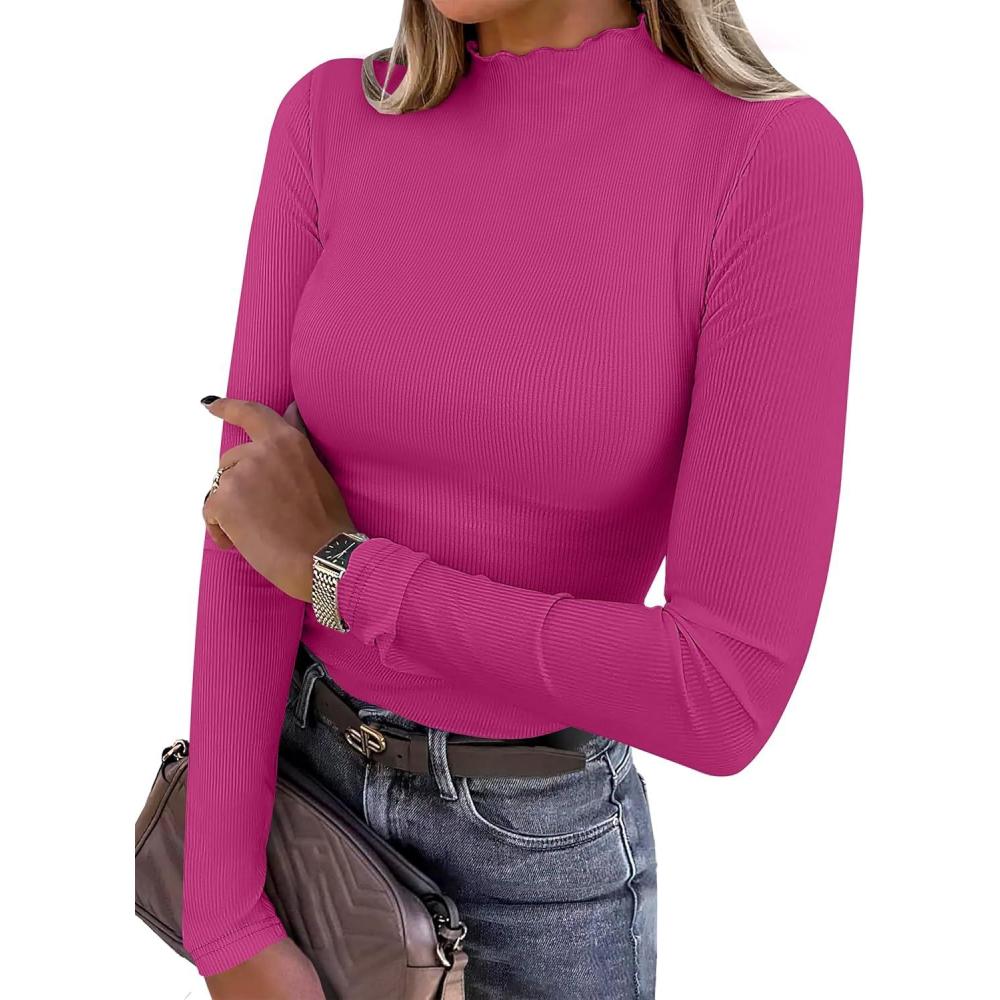 imageANRABESS Womens Lettuce Trim Mock Neck Long Sleeve Tops 2025 Casual Dressy Ribbed Knit Slim Fit Tee Shirt Fall Layer OutfitsHot Pink