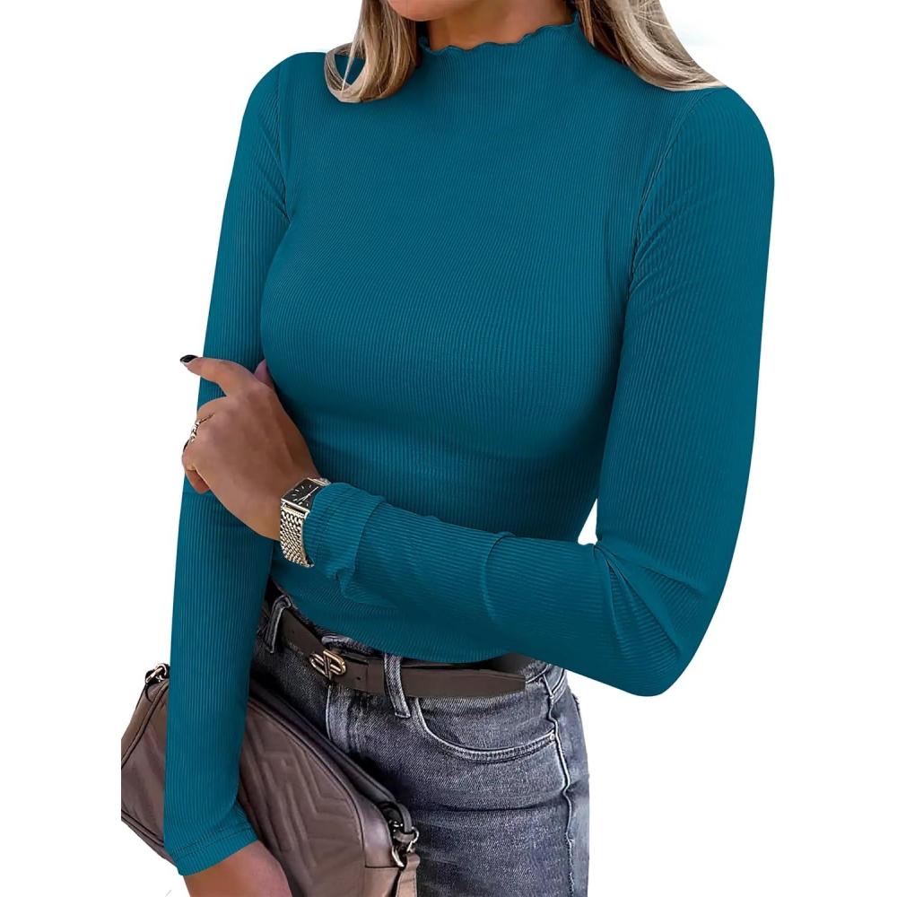 imageANRABESS Womens Lettuce Trim Mock Neck Long Sleeve Tops 2025 Casual Dressy Ribbed Knit Slim Fit Tee Shirt Fall Layer OutfitsLake Blue