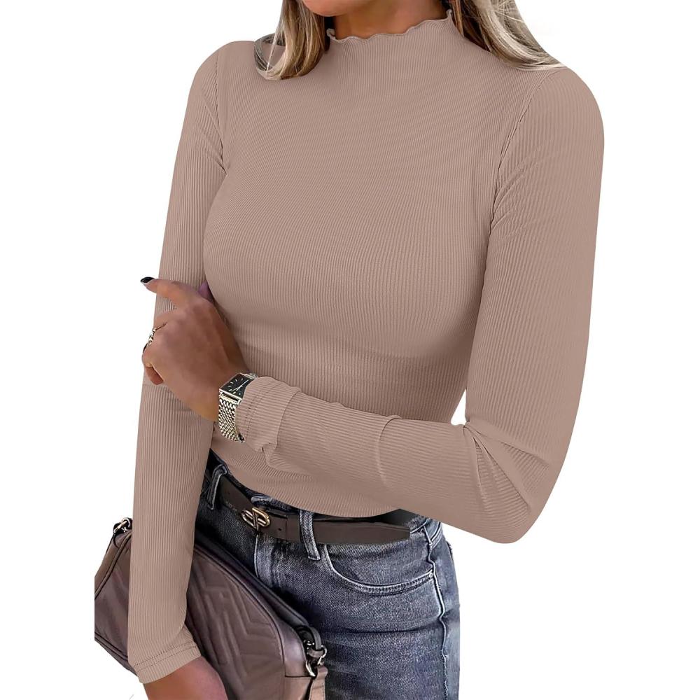 imageANRABESS Womens Lettuce Trim Mock Neck Long Sleeve Tops 2025 Casual Dressy Ribbed Knit Slim Fit Tee Shirt Fall Layer OutfitsLight Camel