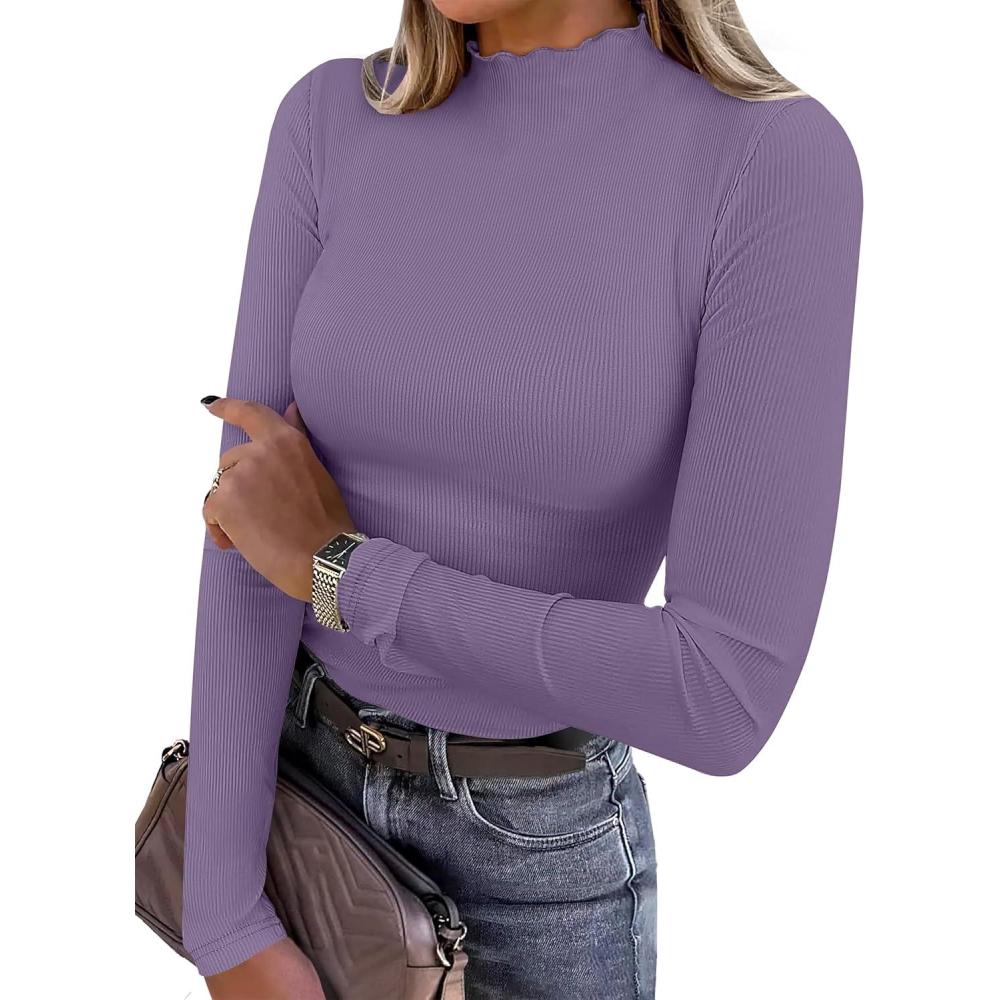 imageANRABESS Womens Lettuce Trim Mock Neck Long Sleeve Tops 2025 Casual Dressy Ribbed Knit Slim Fit Tee Shirt Fall Layer OutfitsPurple