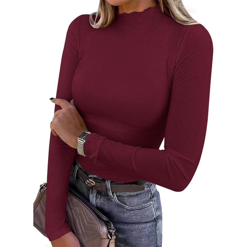 imageANRABESS Womens Lettuce Trim Mock Neck Long Sleeve Tops 2025 Casual Dressy Ribbed Knit Slim Fit Tee Shirt Fall Layer OutfitsWine Red