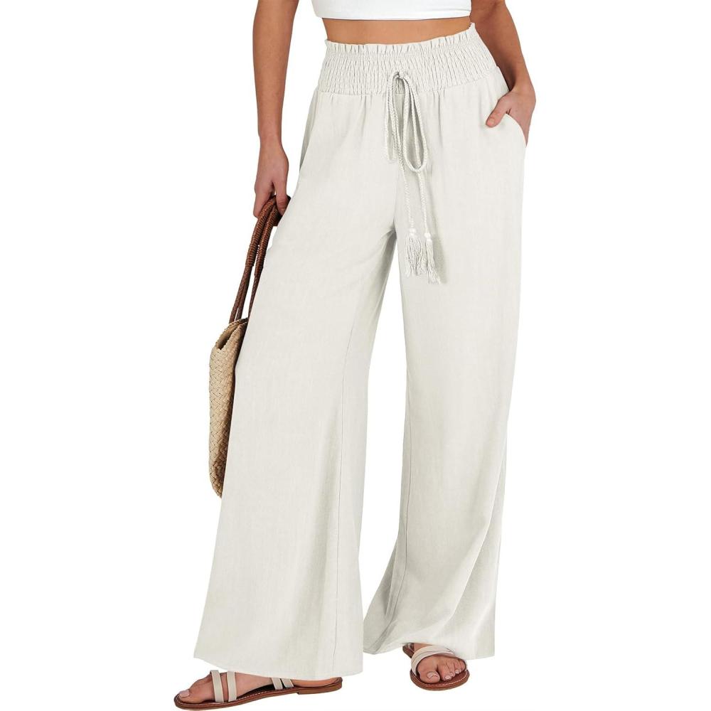 imageANRABESS Womens Linen Pants Summer Casual Palazzo Beach Pant Drawstring High Waist Wide Leg Trousers Vacation OutfitsBeige
