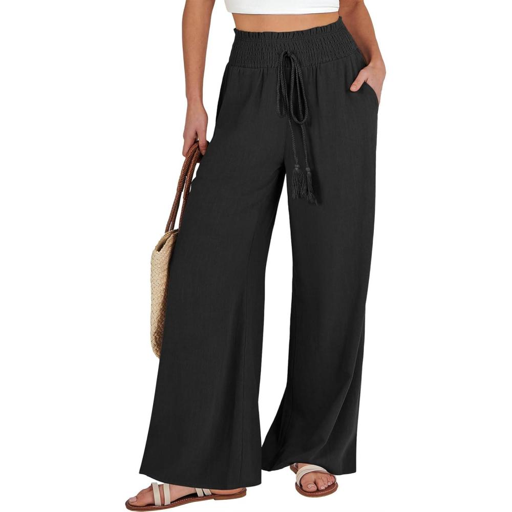 imageANRABESS Womens Linen Pants Summer Casual Palazzo Beach Pant Drawstring High Waist Wide Leg Trousers Vacation OutfitsBlack