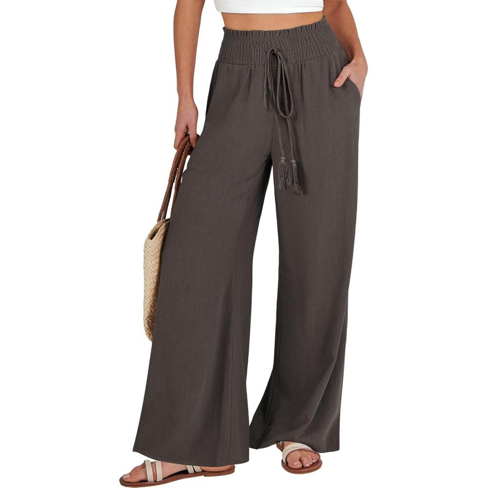 imageANRABESS Womens Linen Pants Summer Casual Palazzo Beach Pant Drawstring High Waist Wide Leg Trousers Vacation OutfitsCoffee