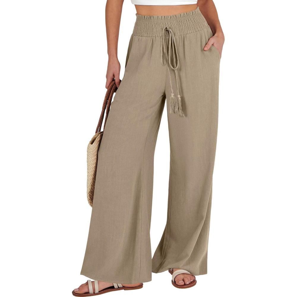 imageANRABESS Womens Linen Pants Summer Casual Palazzo Beach Pant Drawstring High Waist Wide Leg Trousers Vacation OutfitsLight Brown