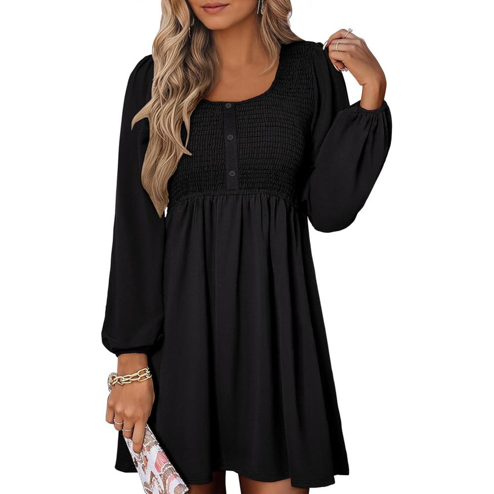 imageANRABESS Womens Long Lantern Sleeve Dresses 2025 Fall Casual Smocked ALine High Waist Flowy Short Dress with Pockets TrendyBlack
